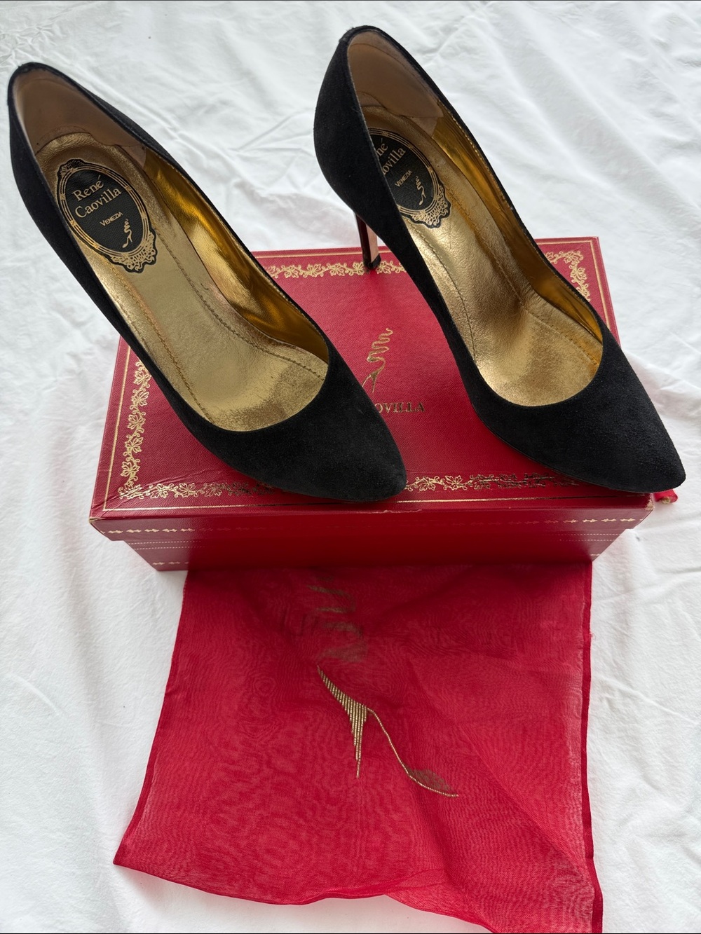 Rene Caovilla Black Suede Pointed-Toe Stiletto Pumps with Gold Insole